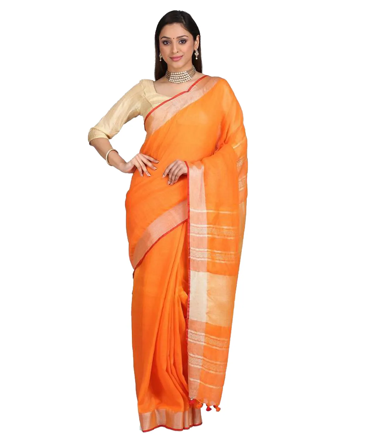 Handloom Linen Cotton Blend Contrast Bhagalpuri Saree for Women (Flame_Orange-Red )