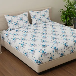 HUESLAND King Size Cotton Bedsheet Set - 108x108 Inches, 186 TC, White Blue Beige Geometric With 2 Pillow Covers