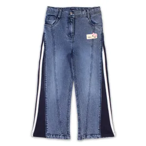 Cutecumber Girls Cotton Rich Blue Denim Wide-Leg Jeans � Sporty Side Stripe & Seam Detailing, Stylish Casual Outfit for Baby Girls & Kids (Age 1�15 Years)