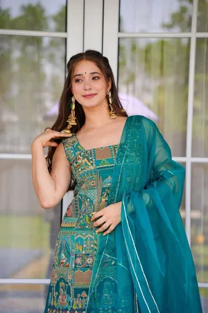 teal and gold indian dress Festive Wear Clothes: Buy Teal Anarkali Dress – HATKE BRIDE main image 0