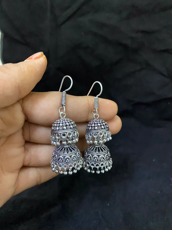 Double_Step_Oxidised_Jhumka_Earrings_Hanging
