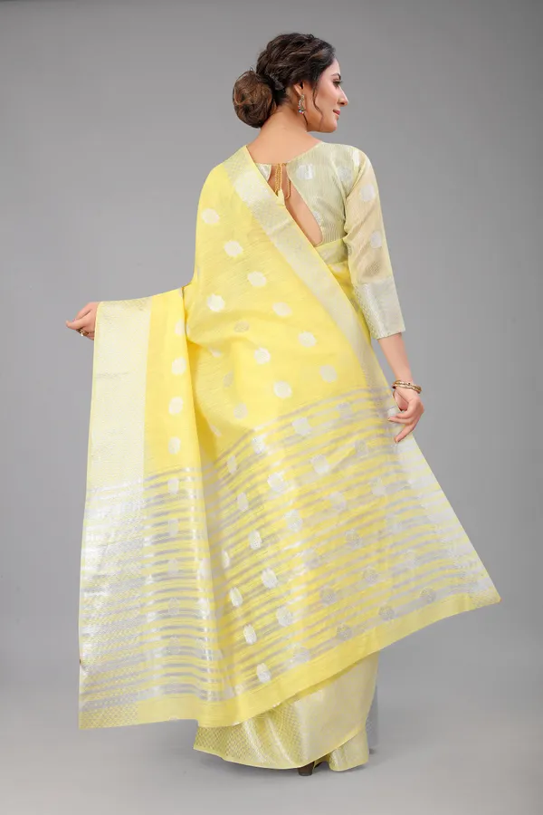 Yellow_Pure_Soft_Linen_Saree_With_Silver_Zari_Butta_For_Women