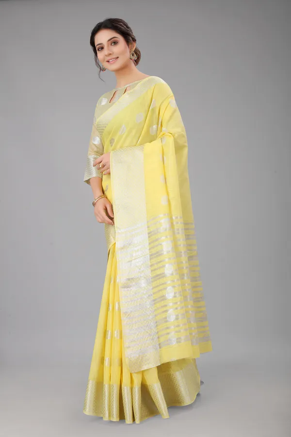 Yellow_Pure_Soft_Linen_Saree_With_Silver_Zari_Butta_For_Women