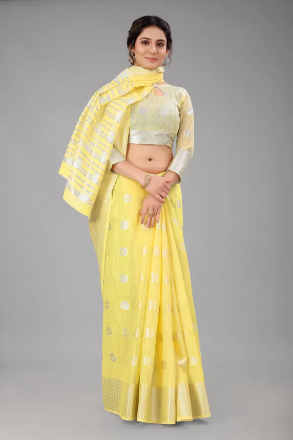 Yellow_Pure_Soft_Linen_Saree_With_Silver_Zari_Butta_For_Women