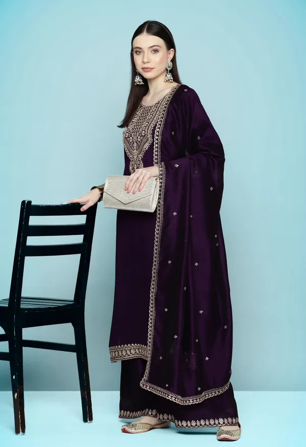 Wine_Floral_Yoke_Design_Regular_Sequinned_Kurta_With_Palazzos_Dupatta
