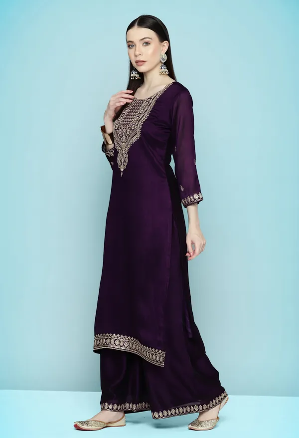 Wine_Floral_Yoke_Design_Regular_Sequinned_Kurta_With_Palazzos_Dupatta