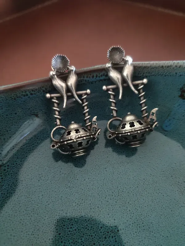 German_Silver_Bird_Stand_Drop_Earrings