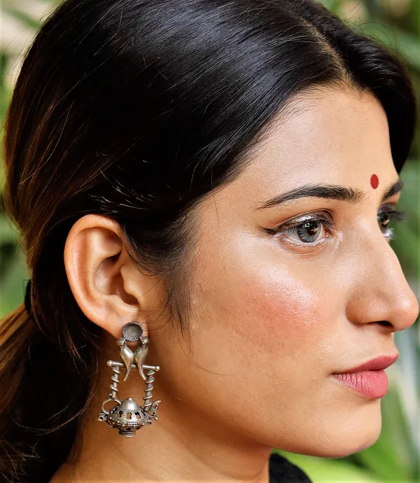German_Silver_Bird_Stand_Drop_Earrings