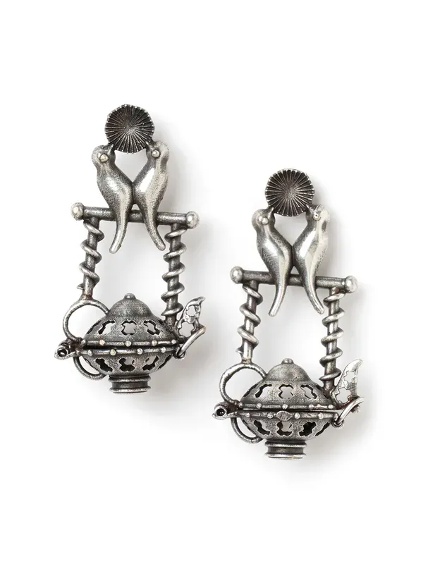 German_Silver_Bird_Stand_Drop_Earrings