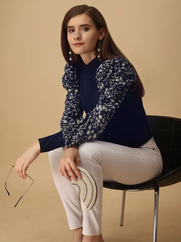Blue_Party_Floral_Print_Women_Blue_Top
