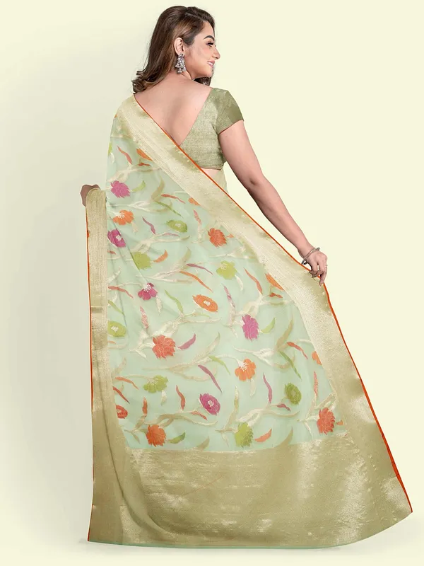 Sea_Green_Cotton_Blend_Banarasi_Sarees_For_Women