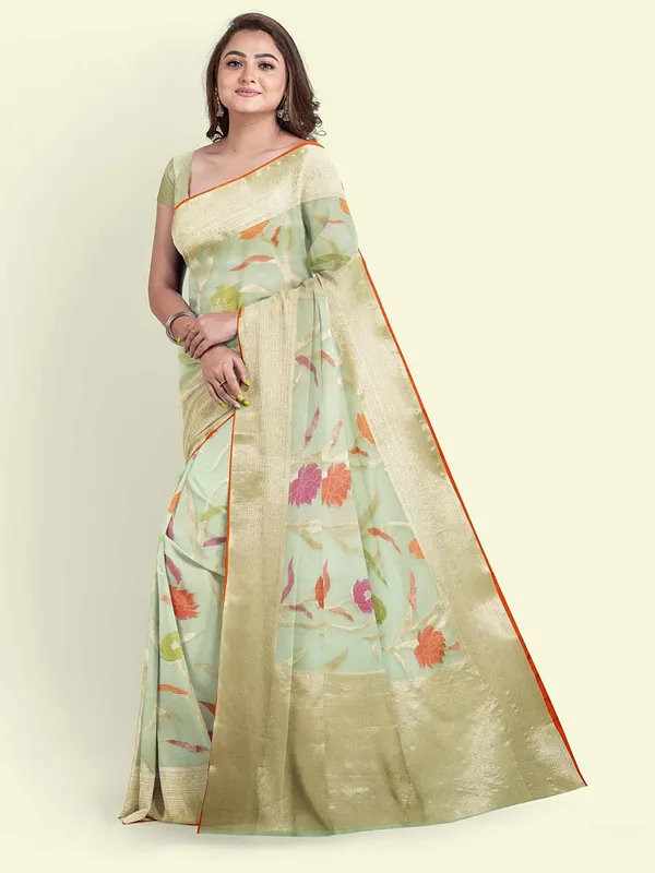 Sea_Green_Cotton_Blend_Banarasi_Sarees_For_Women