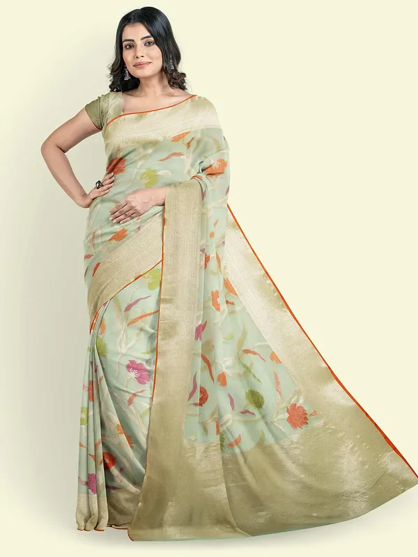 Sea_Green_Cotton_Blend_Banarasi_Sarees_For_Women