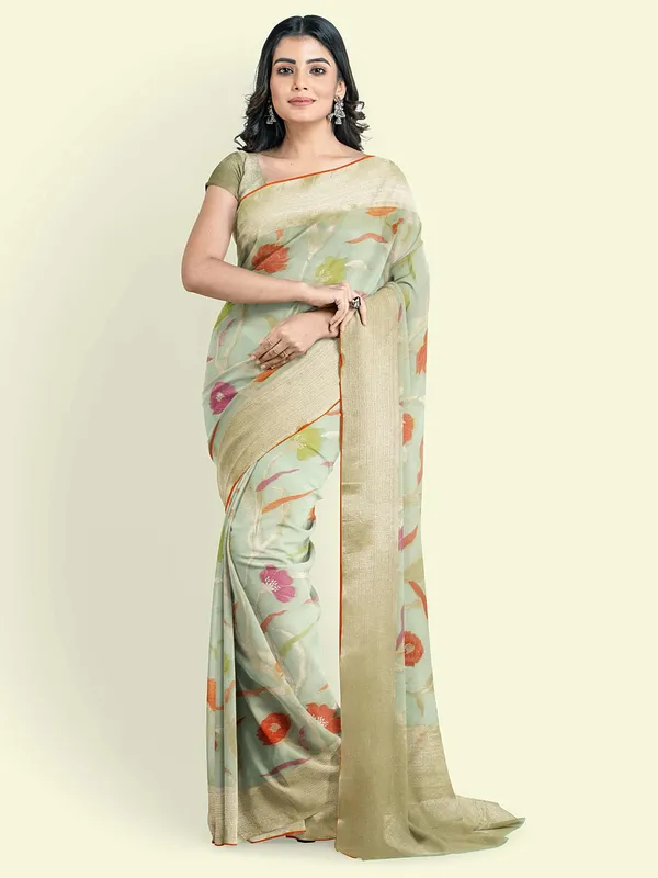 Sea_Green_Cotton_Blend_Banarasi_Sarees_For_Women