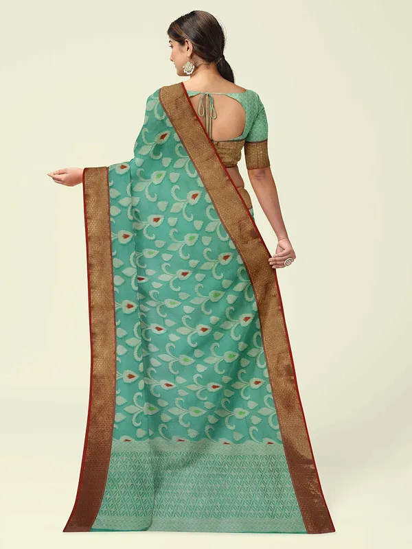 Sea_Green_Cotton_Blend_Banarasi_Sarees_For_Women
