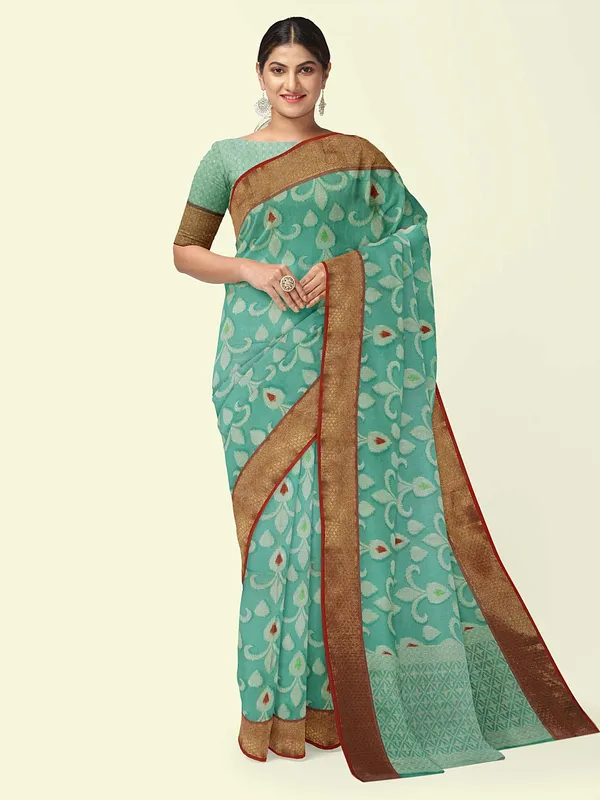 Sea_Green_Cotton_Blend_Banarasi_Sarees_For_Women