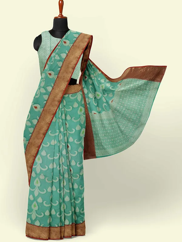 Sea_Green_Cotton_Blend_Banarasi_Sarees_For_Women