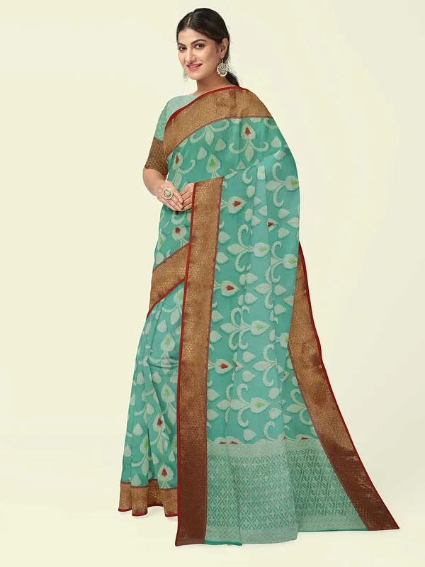 Sea_Green_Cotton_Blend_Banarasi_Sarees_For_Women