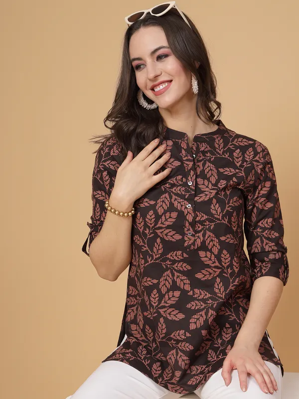 Brown_Leafe_Printed_Short_Kurti