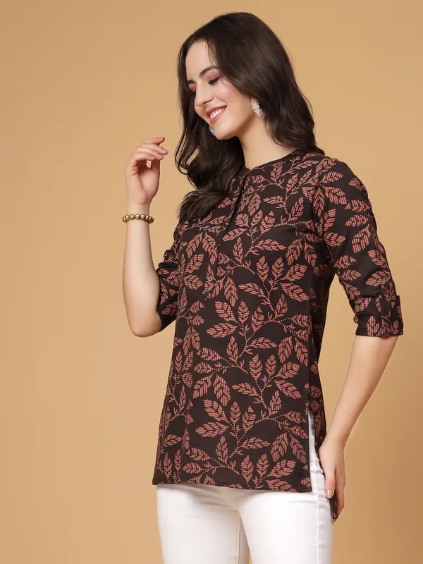 Brown_Leafe_Printed_Short_Kurti