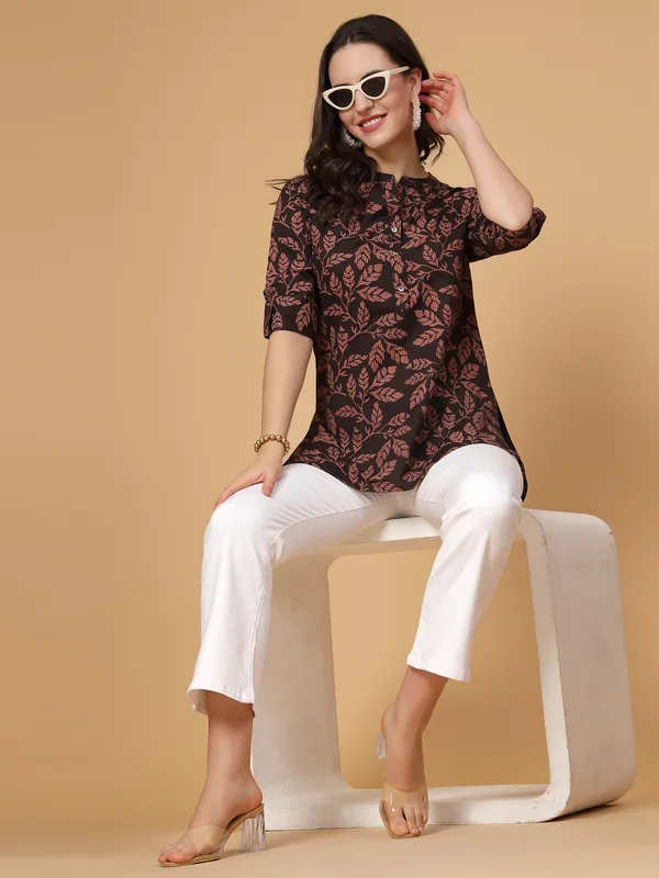 Brown_Leafe_Printed_Short_Kurti
