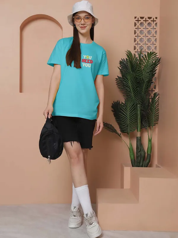 Women_Turquiose_Blue_Need_You_Print_Oversized_Tshirt