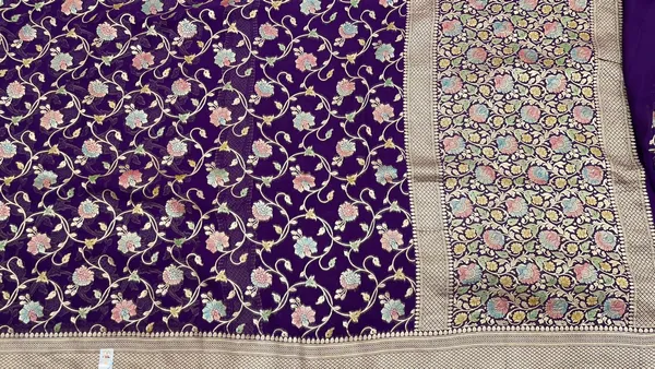Humairah_Pure_Handwoven_Purple_Khaddi_Georgette_Hand_Brush_Floral_Zari_Jaal_Banarasi_Zari_Border_Saree_with_Purple_Blouse_piece