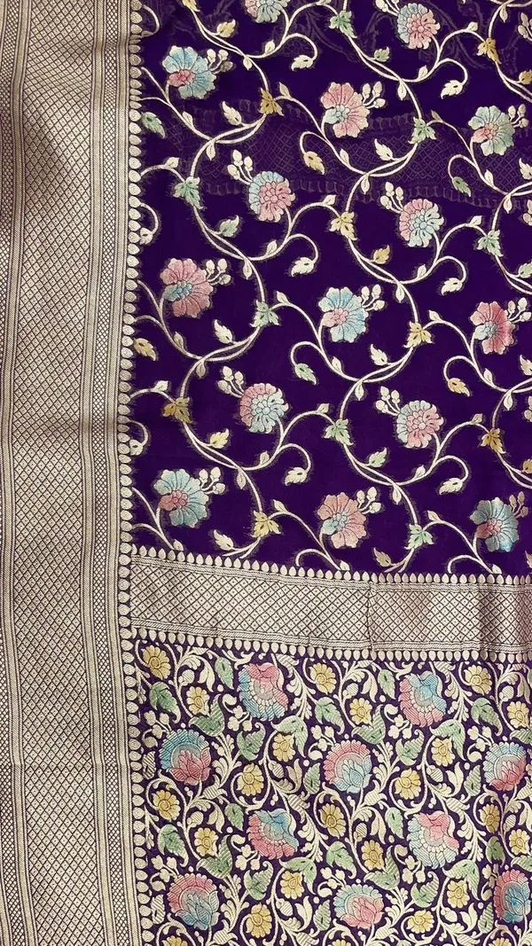 Humairah_Pure_Handwoven_Purple_Khaddi_Georgette_Hand_Brush_Floral_Zari_Jaal_Banarasi_Zari_Border_Saree_with_Purple_Blouse_piece