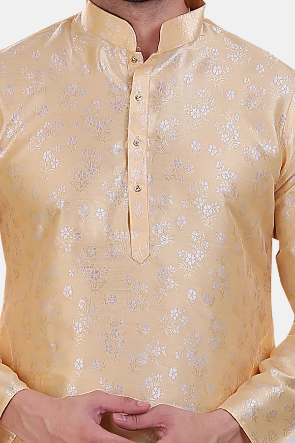 Floral_Print_Cream_Jacquard_Kurta_With_Paijama