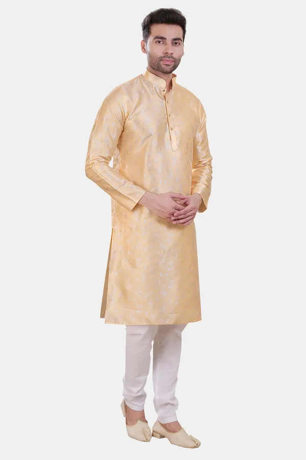 Floral_Print_Cream_Jacquard_Kurta_With_Paijama