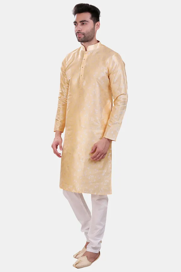 Floral_Print_Cream_Jacquard_Kurta_With_Paijama