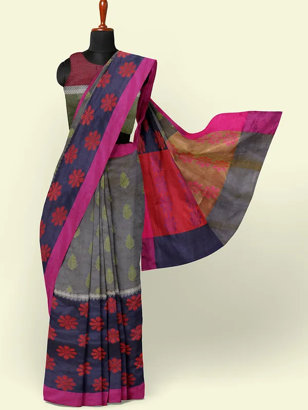 Grey_Cotton_Blend_Banarasi_Sarees_For_Women