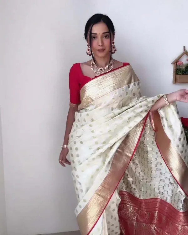 White_Color_Premium_Ready_To_Wear_Soft_Banarasi_Silk_Saree_With_Golden_Zari_Work