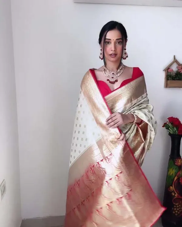 White_Color_Premium_Ready_To_Wear_Soft_Banarasi_Silk_Saree_With_Golden_Zari_Work
