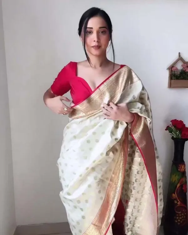 White_Color_Premium_Ready_To_Wear_Soft_Banarasi_Silk_Saree_With_Golden_Zari_Work