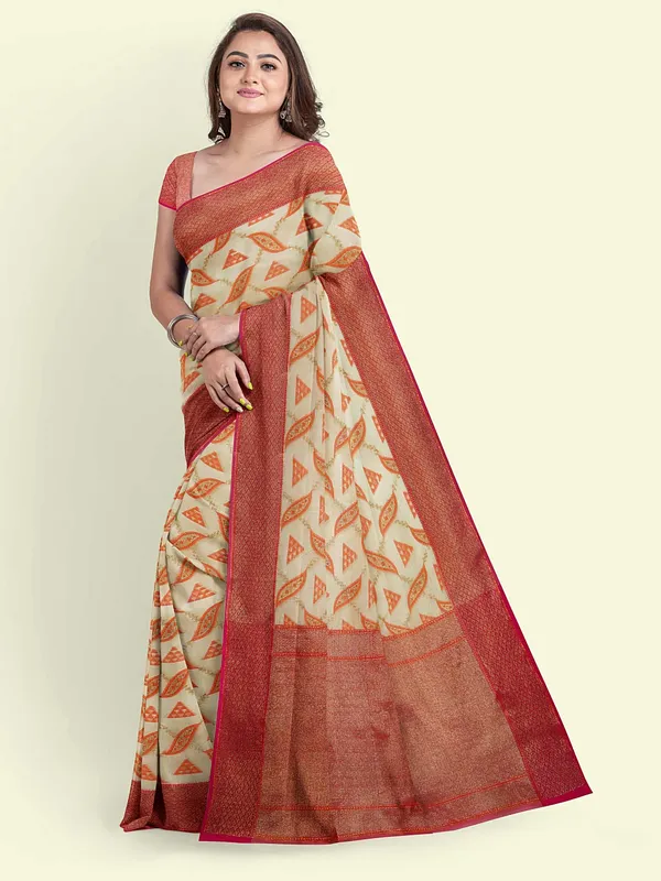 Beige_Cotton_Blend_Banarasi_Sarees_For_Women