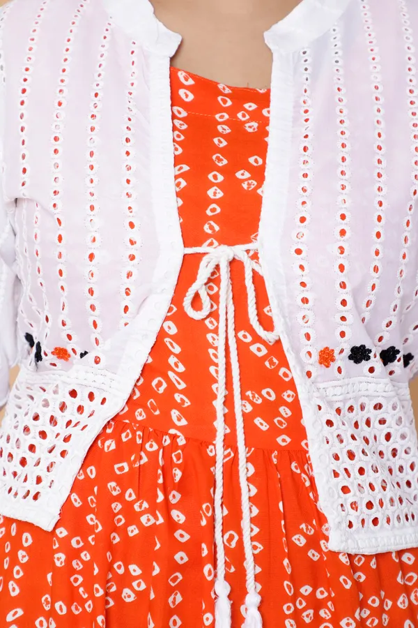 Orange_Bandhej_Printed_Cotton_Anarkali_Plus_Size_Kurta/Gown__With_Schiffli_Jacket