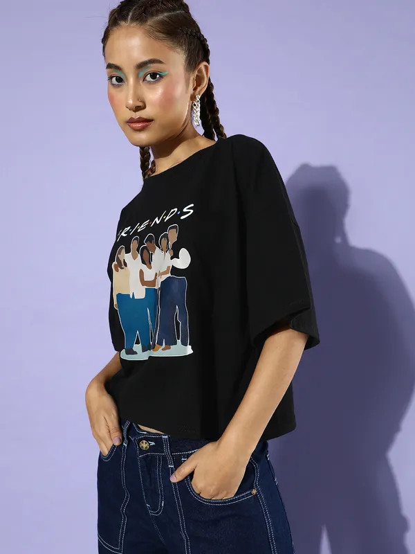 Black_Cotton_Blend_Typography_Loose_Fit_Half_Sleeve_T-Shirt_For_Women
