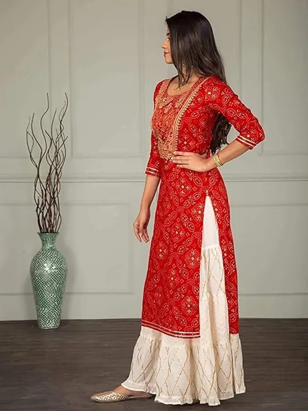 Women_Ethnic_Red_Bandhej_Kurti_&_Sharara_Set