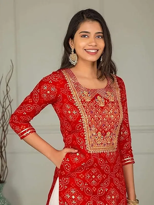 Women_Ethnic_Red_Bandhej_Kurti_&_Sharara_Set