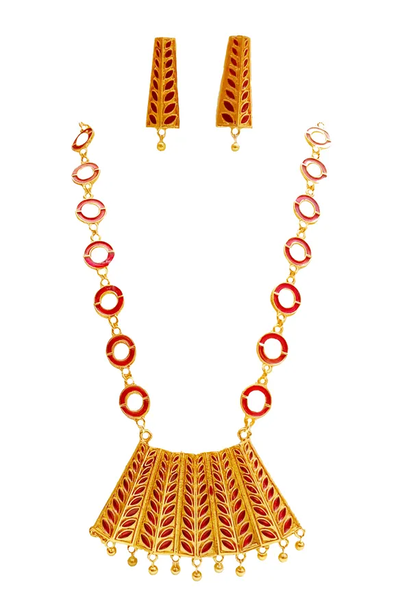 Assamese_Traditional_Gold_Plated_Red_Colour_Chain_Jewellery_Set_For_Women_&_Girls