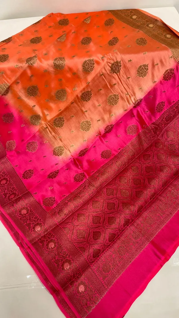 Humairah_Pure_Handloom_Orange_Contrast_Pink_Dupion_Silk_Copper_Zari_Floral_Booti_Banarasi_Mina_Zari_Border_with_Floral_Banarasi_Pallu_and_Pink_Blouse