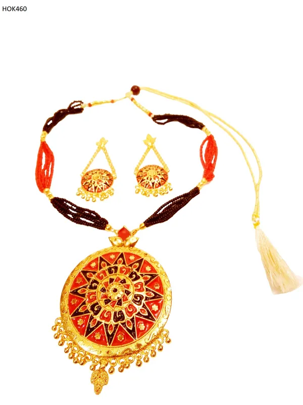 Assamese_Traditional_Gold_Plated_Red_Black_Colour_Tassel_Jewellery_Set_For_Women_&_Girl