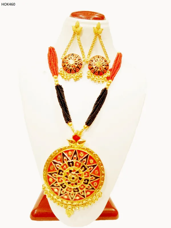 Assamese_Traditional_Gold_Plated_Red_Black_Colour_Tassel_Jewellery_Set_For_Women_&_Girl