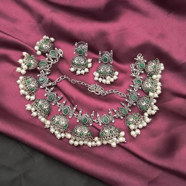 Traditional_Oxidized_Silver_Choker_Necklace_&_Earring_Set_with_Green_Stones_and_Pearl_Drops