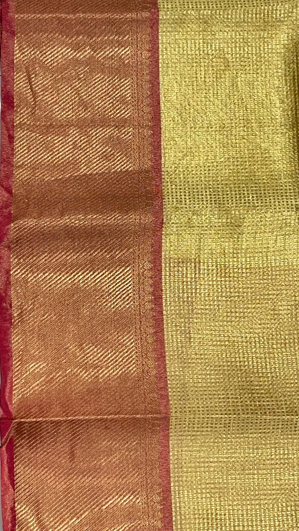 Humairah_Presents_Gold_Tissue_Single_Zari_Stripe_with_Contrast_Red_Pallu_Saree_with_Red_Blouse