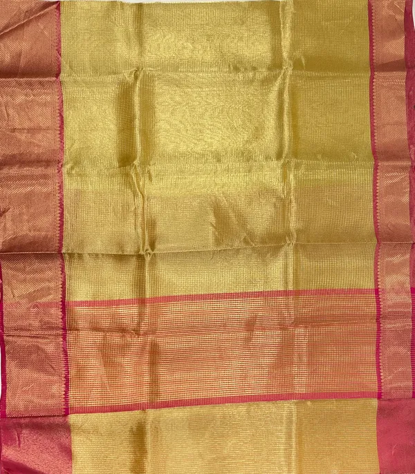 Humairah_Presents_Gold_Tissue_Single_Zari_Stripe_with_Contrast_Red_Pallu_Saree_with_Red_Blouse