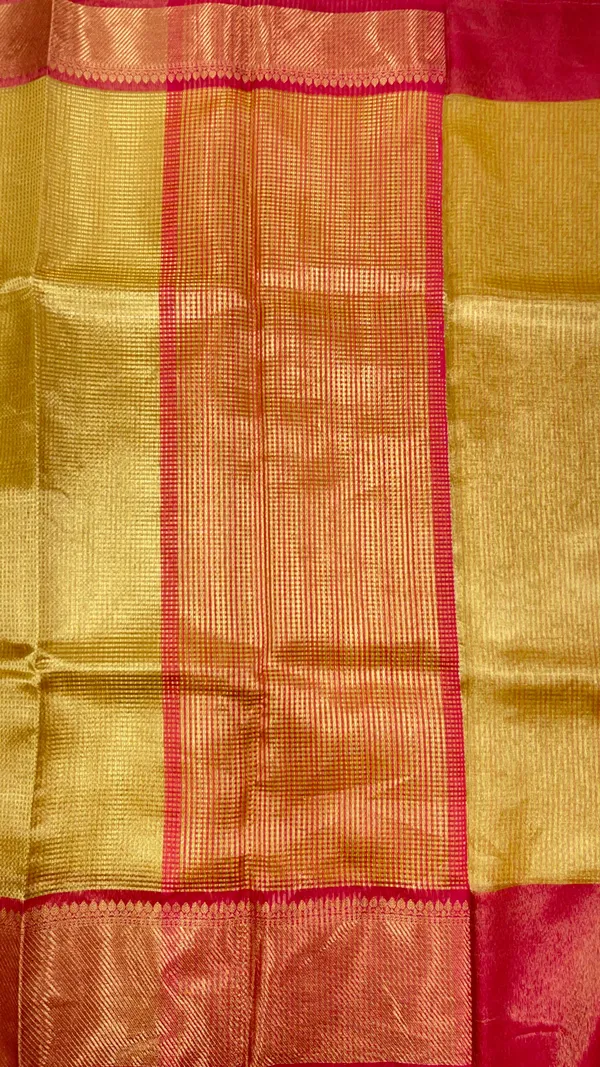 Humairah_Presents_Gold_Tissue_Single_Zari_Stripe_with_Contrast_Red_Pallu_Saree_with_Red_Blouse