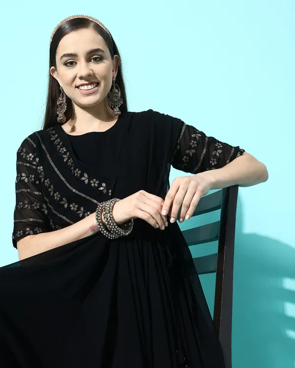 Black_Georgette_Sequence_Zari_Embroidery_A_Line_Gown_With_Attached_Dupatta