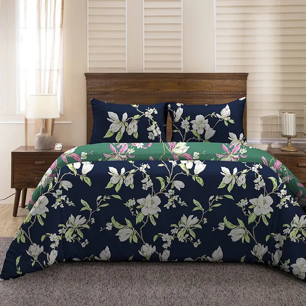 Microfiber_Reversible_Double_Bed_Queen_Size_Floral_Printed_Duvet_Cover,_Green_&_Navy_Blue